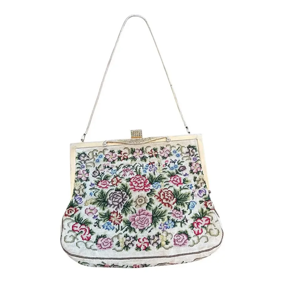 Petite Floral Tapestry Vintage Needlepoint clutch elegant purse gold tone